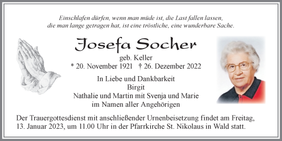 Traueranzeige von Josefa Socher von Allgäuer Zeitung, Marktoberdorf