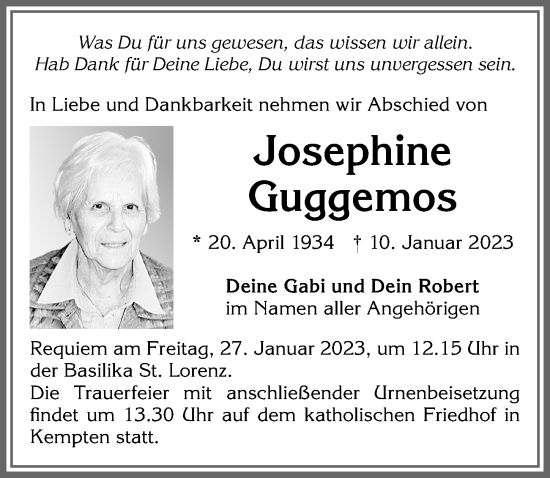 Traueranzeige von Josephine Guggemos von Allgäuer Zeitung,Kempten