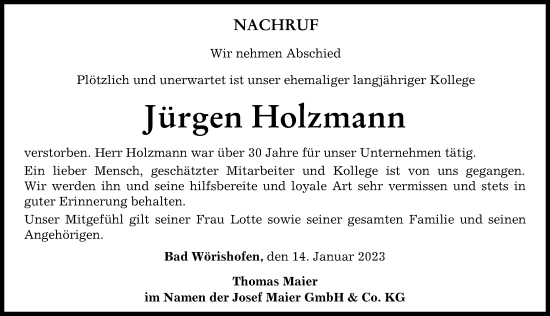 Traueranzeige von Jürgen Holzmann von Augsburger Allgemeine, Mindelheimer Zeitung