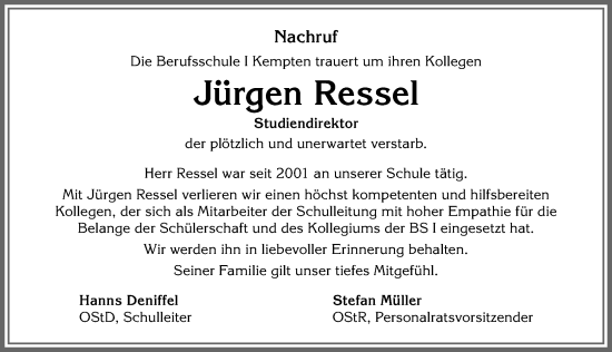 Traueranzeige von Jürgen Ressel von Allgäuer Zeitung, Kaufbeuren/Buchloe
