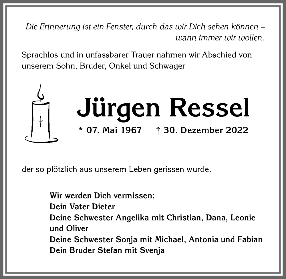  Traueranzeige für Jürgen Ressel vom 14.01.2023 aus Allgäuer Zeitung, Kaufbeuren/Buchloe