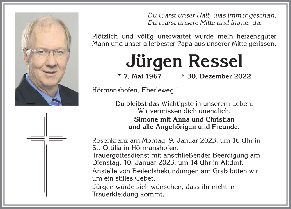  Traueranzeige für Jürgen Ressel vom 07.01.2023 aus Allgäuer Zeitung, Kaufbeuren/Buchloe