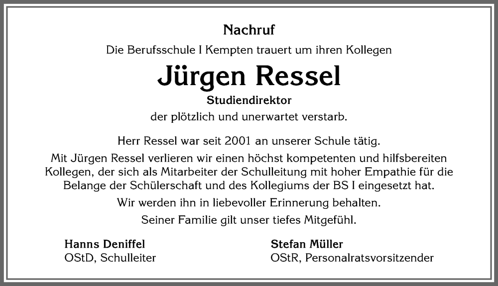  Traueranzeige für Jürgen Ressel vom 14.01.2023 aus Allgäuer Zeitung, Kaufbeuren/Buchloe
