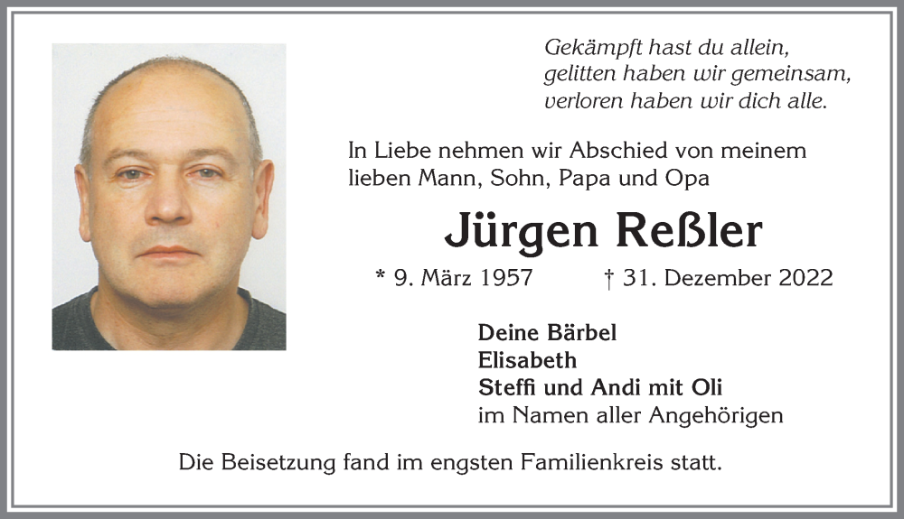  Traueranzeige für Jürgen Reßler vom 13.01.2023 aus Memminger Zeitung