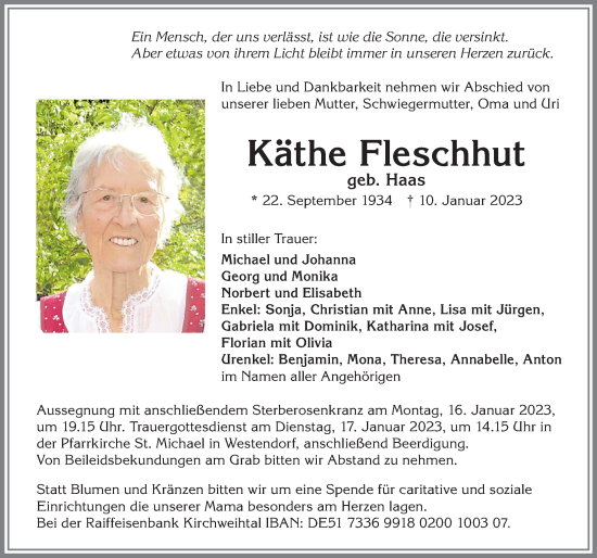 Traueranzeige von Käthe Fleschhut von Allgäuer Zeitung, Kaufbeuren/Buchloe