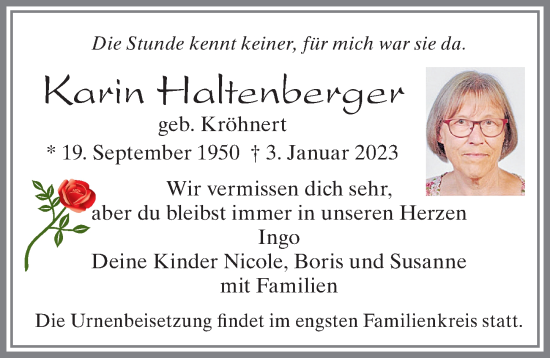 Traueranzeige von Karin Haltenberger von Allgäuer Zeitung, Kaufbeuren/Buchloe