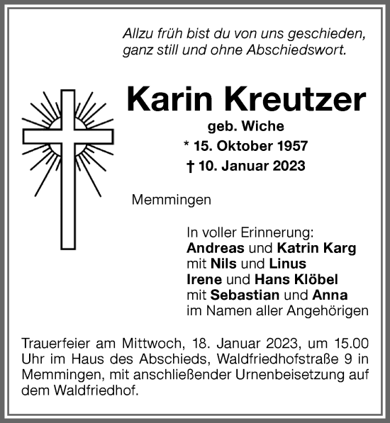 Traueranzeige von Karin Kreutzer von Memminger Zeitung