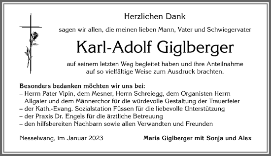 Traueranzeige von Karl-Adolf Giglberger von Allgäuer Zeitung, Füssen