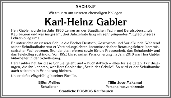 Traueranzeige von Karl-Heinz Gabler von Allgäuer Zeitung, Kaufbeuren/Buchloe