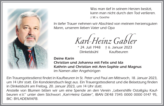 Traueranzeige von Karl-Heinz Gabler von Allgäuer Zeitung, Kaufbeuren/Buchloe