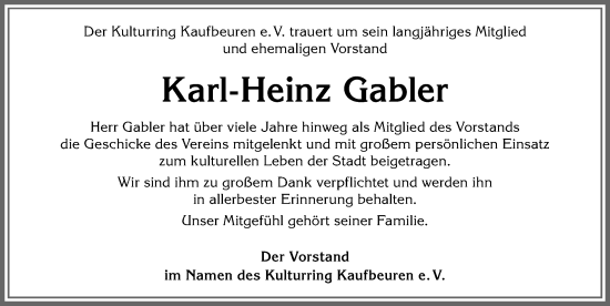 Traueranzeige von Karl-Heinz Gabler von Allgäuer Zeitung, Kaufbeuren/Buchloe