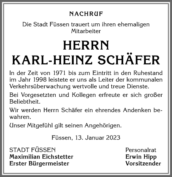Traueranzeige von Karl-Heinz Schäfer von Allgäuer Zeitung, Füssen