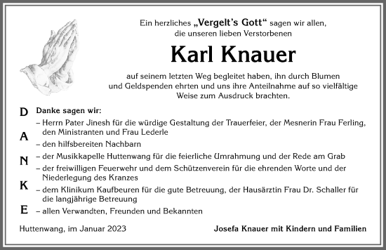 Traueranzeige von Karl Knauer von Allgäuer Zeitung, Marktoberdorf