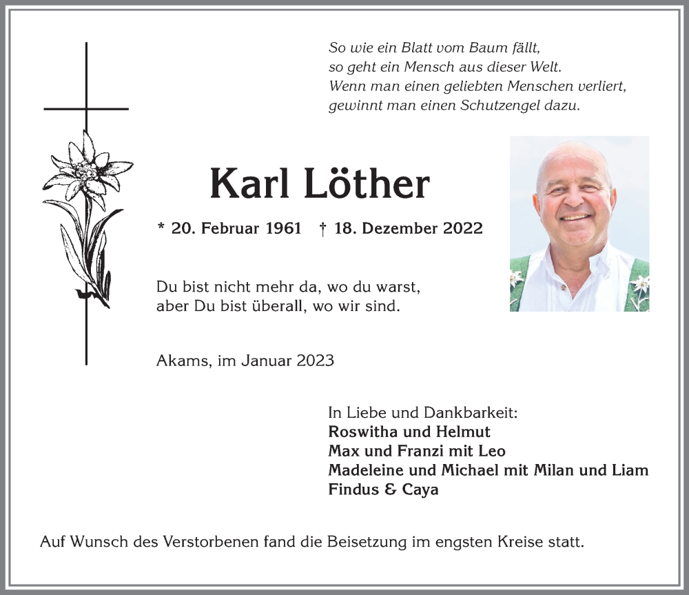  Traueranzeige für Karl Löther vom 05.01.2023 aus Allgäuer Anzeigeblatt