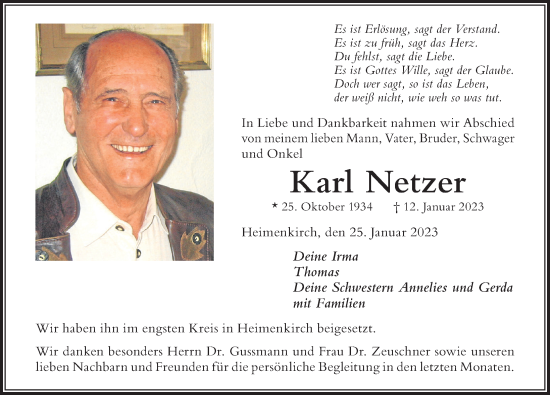 Traueranzeige von Karl Netzer von Der Westallgäuer