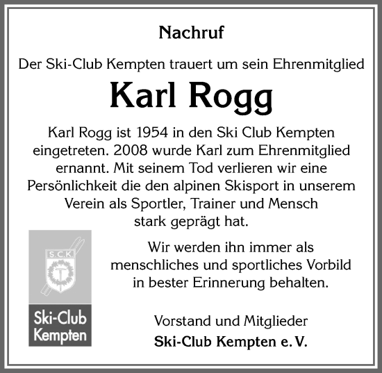 Traueranzeige von Karl Rogg von Allgäuer Zeitung,Kempten