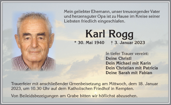 Traueranzeige von Karl Rogg von Allgäuer Zeitung,Kempten