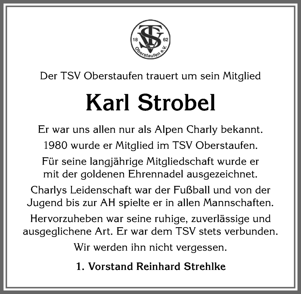  Traueranzeige für Karl Strobel vom 25.01.2023 aus Allgäuer Anzeigeblatt