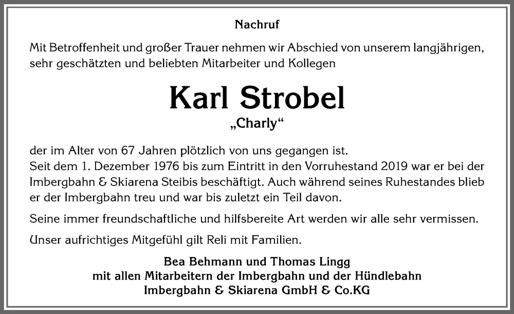  Traueranzeige für Karl Strobel vom 18.01.2023 aus Allgäuer Anzeigeblatt