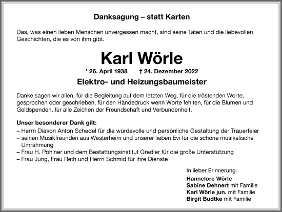 Traueranzeige von Karl Wörle von Memminger Zeitung