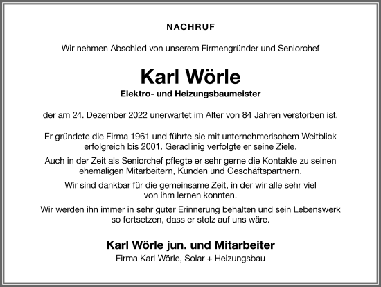 Traueranzeige von Karl Wörle von Memminger Zeitung