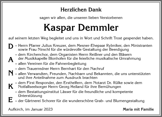 Traueranzeige von Kaspar Demmler von Allgäuer Zeitung, Kaufbeuren/Buchloe