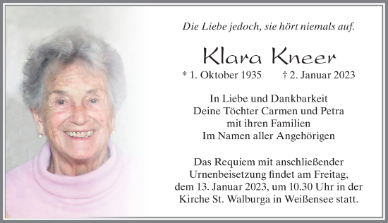 Traueranzeige von Klara Kneer von Allgäuer Zeitung, Füssen