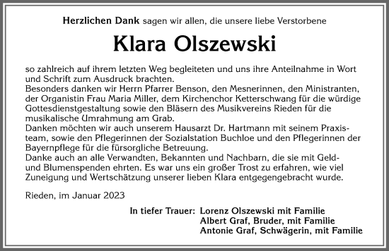 Traueranzeige von Klara Olszewski von Allgäuer Zeitung, Kaufbeuren/Buchloe