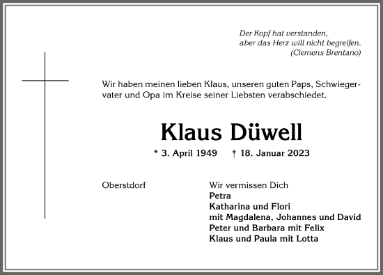 Traueranzeige von Klaus Düwell von Allgäuer Anzeigeblatt
