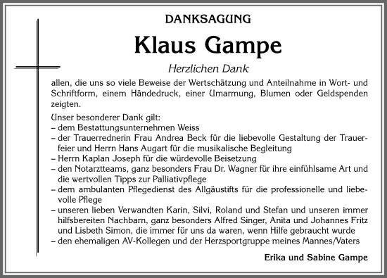 Traueranzeige von Klaus Gampe von Allgäuer Zeitung,Kempten