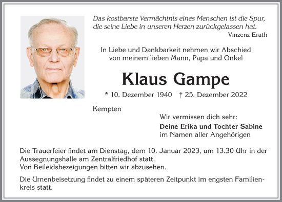 Traueranzeige von Klaus Gampe von Allgäuer Zeitung,Kempten