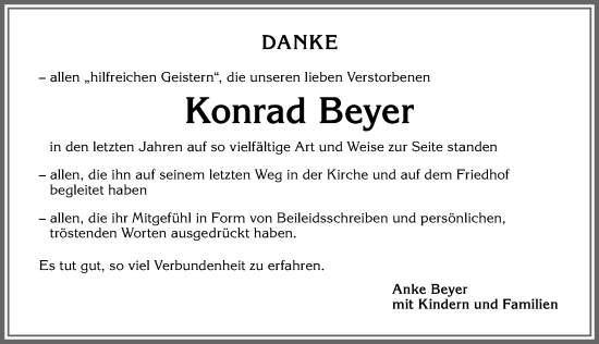 Traueranzeige von Konrad Beyer von Allgäuer Zeitung, Kaufbeuren/Buchloe