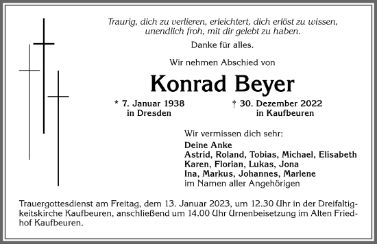 Traueranzeige von Konrad Beyer von Allgäuer Zeitung, Kaufbeuren/Buchloe