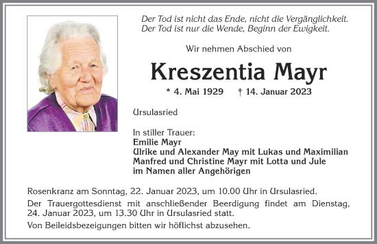 Traueranzeige von Kreszentia Mayr von Allgäuer Zeitung,Kempten
