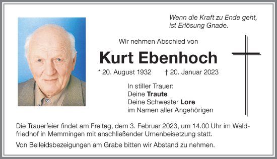 Traueranzeige von Kurt Ebenhoch von Memminger Zeitung