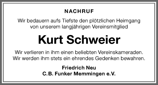 Traueranzeige von Kurt Schweier von Memminger Zeitung