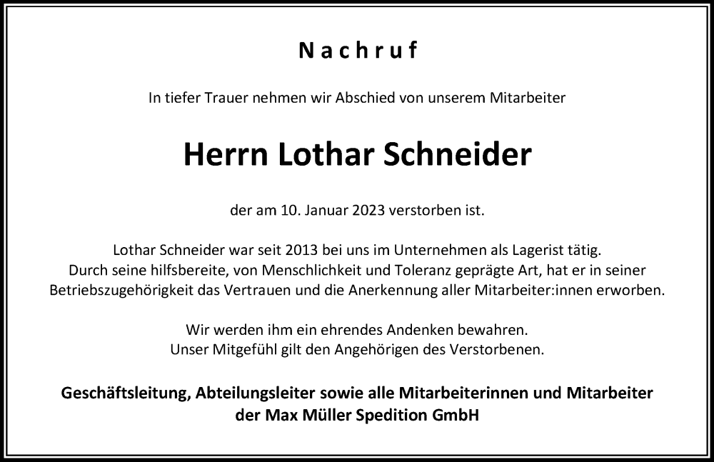  Traueranzeige für Lothar Schneider vom 18.01.2023 aus Der Westallgäuer