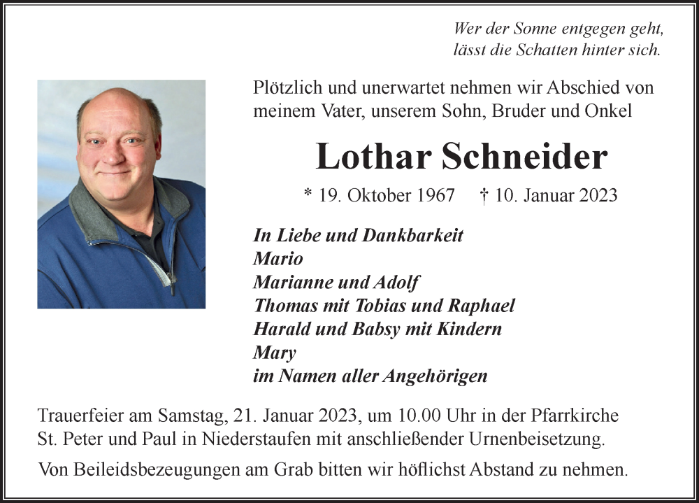  Traueranzeige für Lothar Schneider vom 17.01.2023 aus Der Westallgäuer