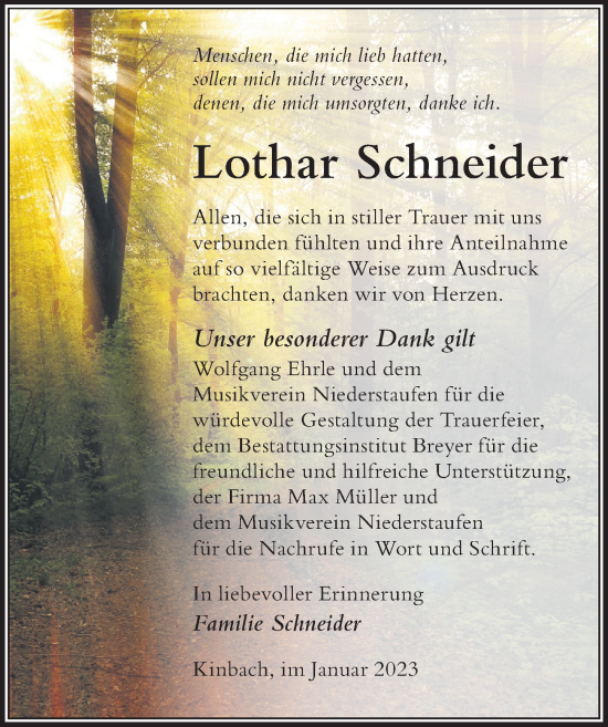 Traueranzeige von Lothar Schneider von Der Westallgäuer