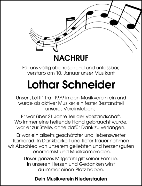 Traueranzeige von Lothar Schneider von Der Westallgäuer