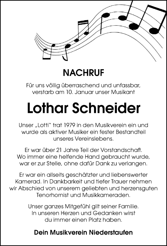 Traueranzeige von Lothar Schneider von Der Westallgäuer