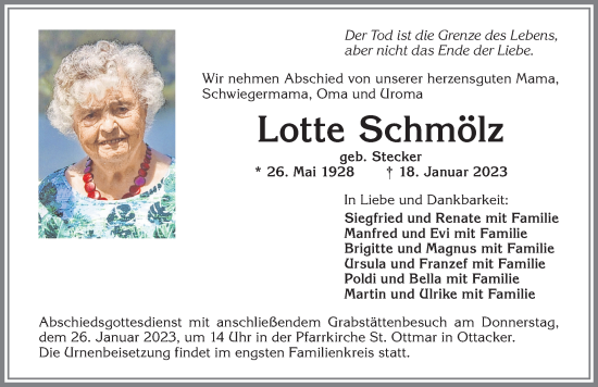 Traueranzeige von Lotte Schmölz von Allgäuer Zeitung,Kempten