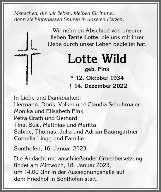 Traueranzeige von Lotte Wild von Allgäuer Anzeigeblatt