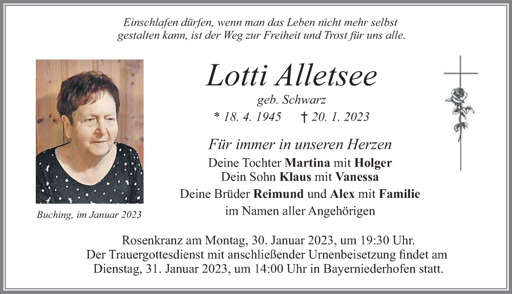  Traueranzeige für Lotti Alletsee vom 27.01.2023 aus Allgäuer Zeitung, Füssen