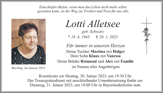 Traueranzeige von Lotti Alletsee von Allgäuer Zeitung, Füssen