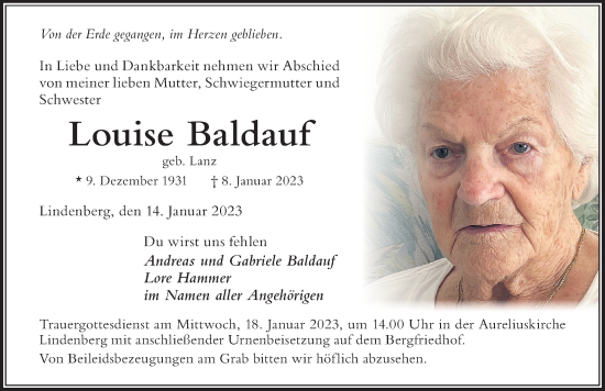 Traueranzeige von Louise Baldauf von Der Westallgäuer