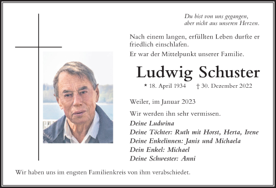 Traueranzeige von Ludwig Schuster von Der Westallgäuer
