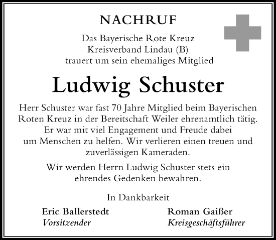 Traueranzeige von Ludwig Schuster von Der Westallgäuer