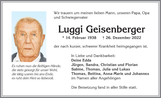 Traueranzeige von Luggi Geisenberger von Allgäuer Anzeigeblatt