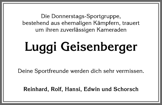Traueranzeige von Luggi Geisenberger von Allgäuer Anzeigeblatt